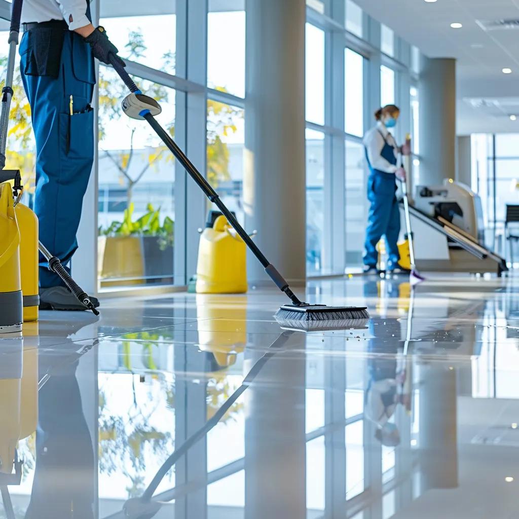Janitorial service professional discussing a customized cleaning plan with a business owner